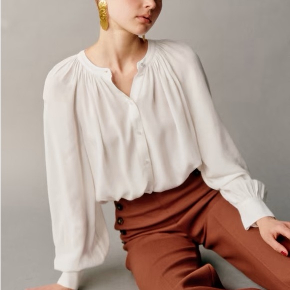 Sezane Lealys Visscose Button Down Blouse in Ecru